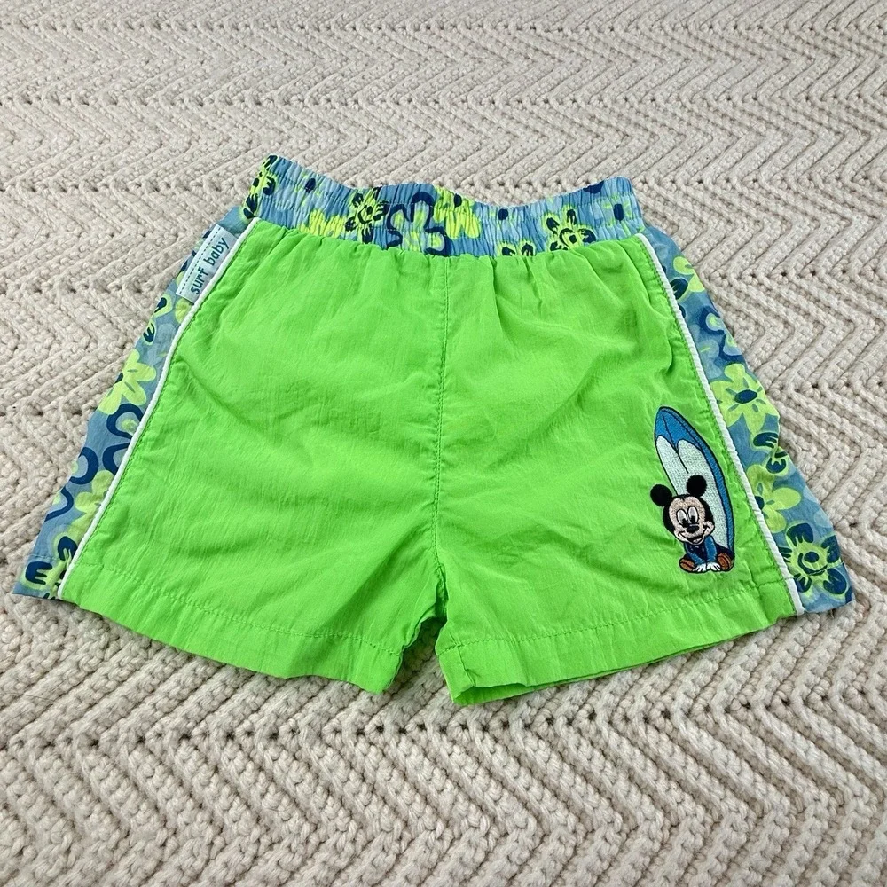 Disney Mickey Mouse Swim Trunks Size 12 Month Neon Green Vintage 90s‎ Retro